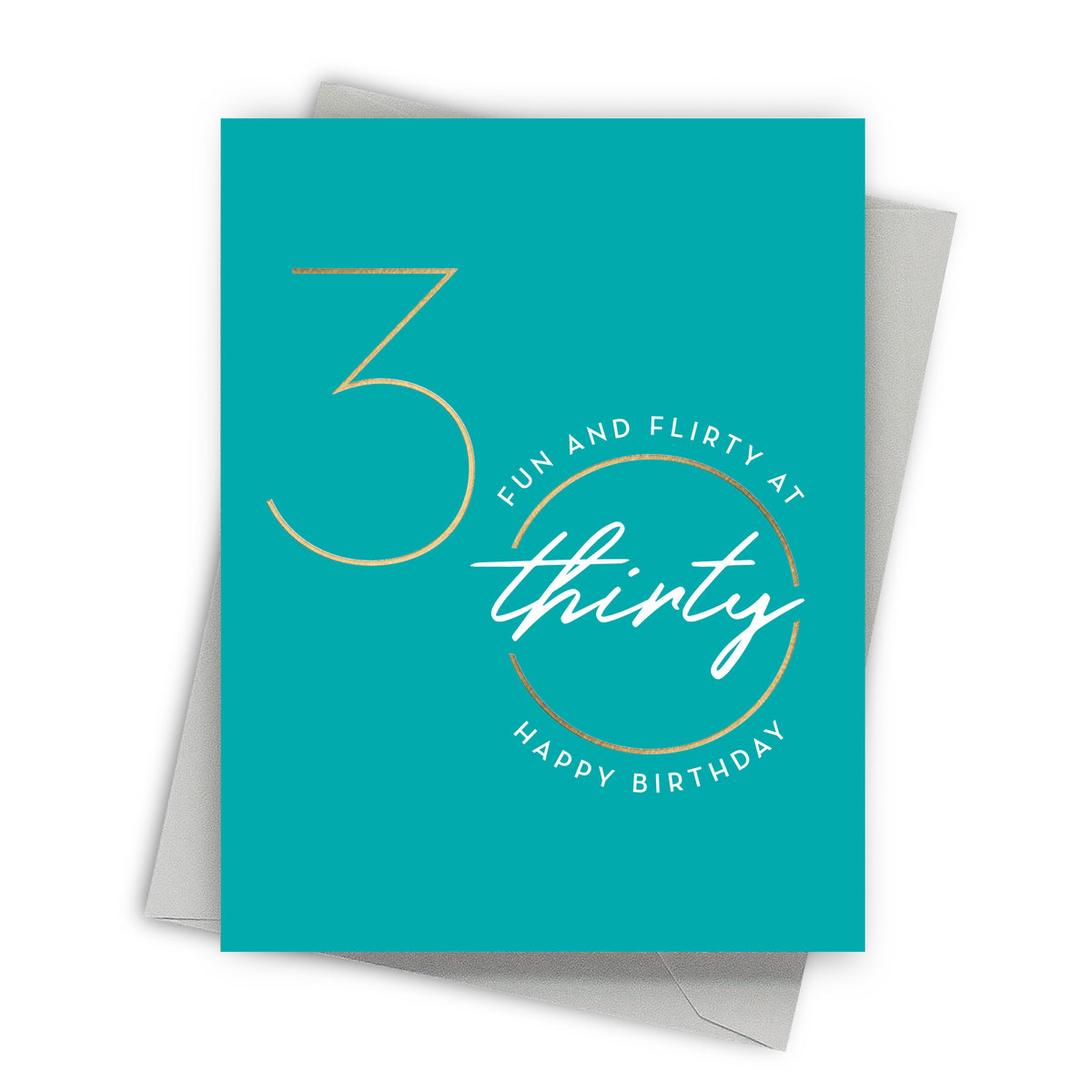 Turquoise birthday card with gold and white text on a white background