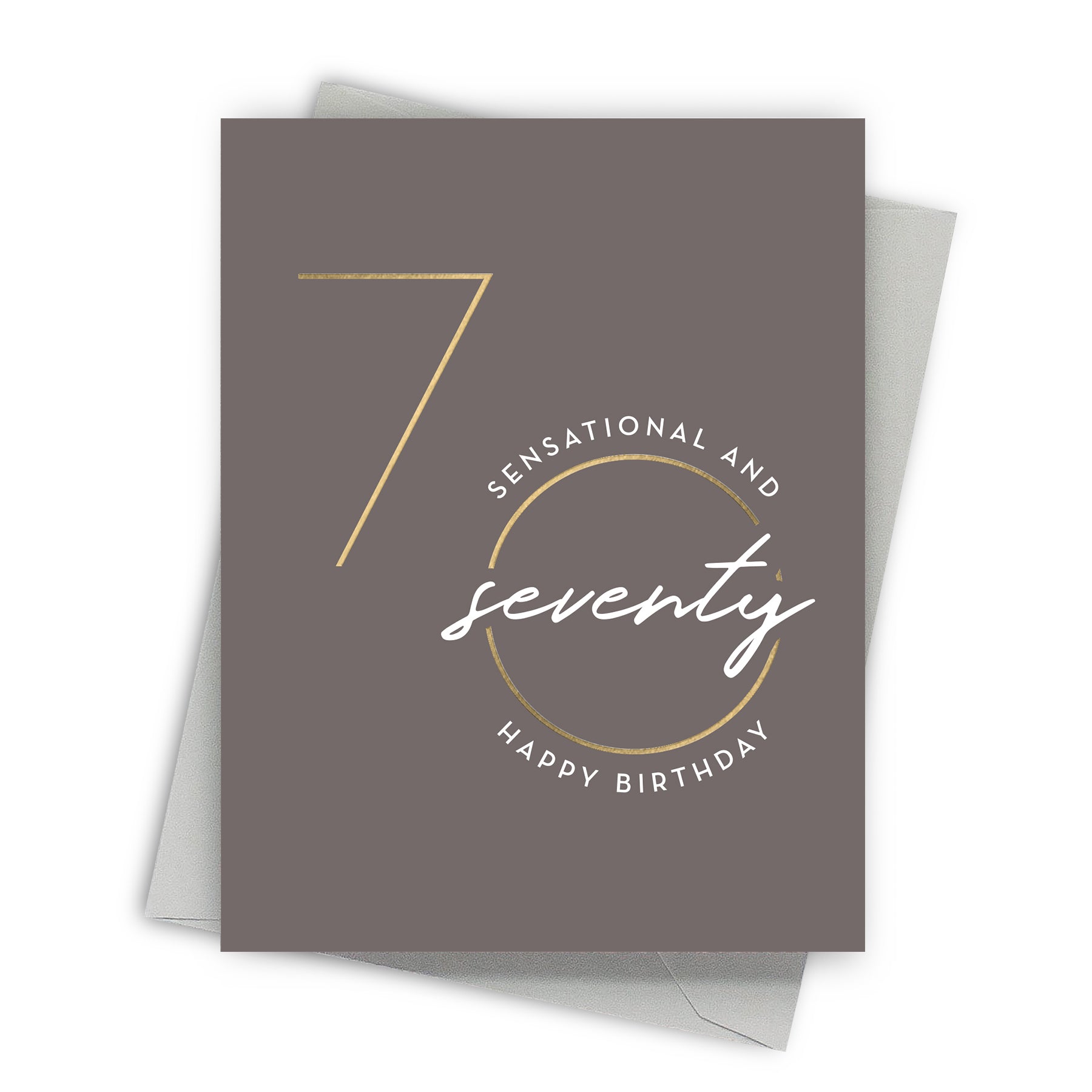 Greeting card with '7 sensational and seventy happy birthday' text on a gray background
