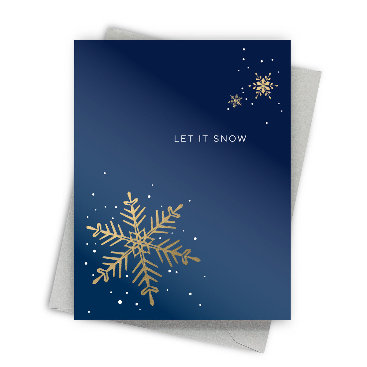 Greeting card with gold snowflake design and 'Let It Snow' text on a blue background
