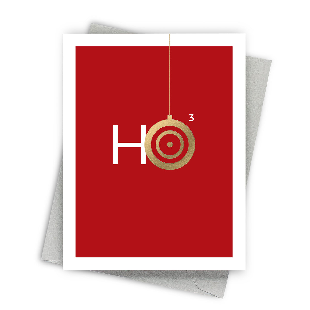 Red greeting card with 'HO' and a gold ornament design on a white background