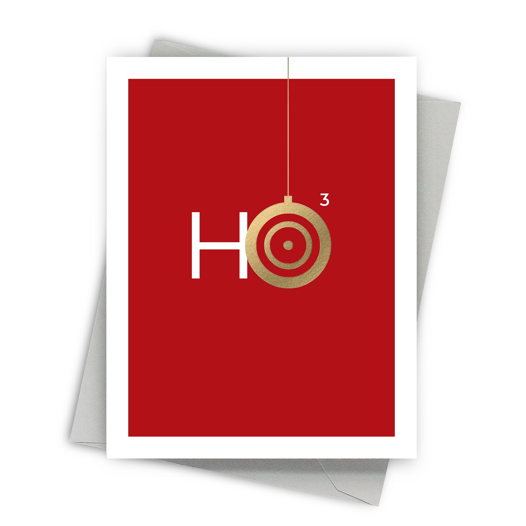 Red greeting card with 'HO' and a gold ornament design on a white background