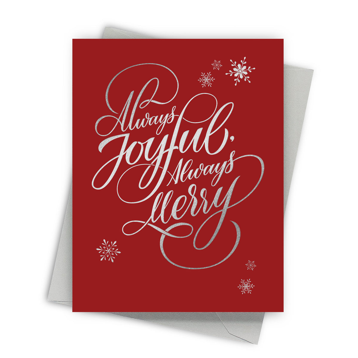 Red greeting card with white text 'Always Joyful, Always Llerry' and snowflake designs on a white background.