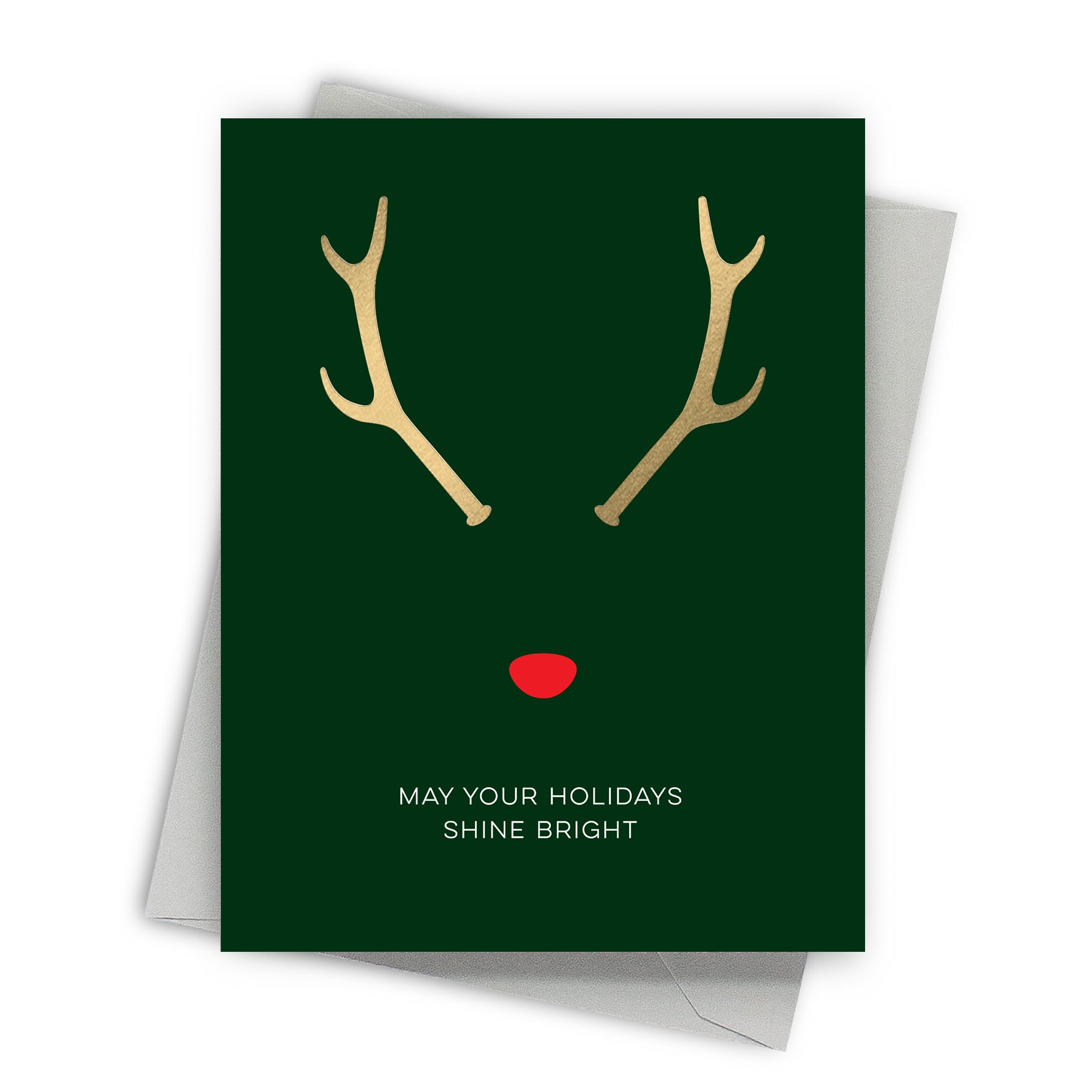 Greeting card with reindeer antlers and a red nose on a green background, featuring the text 'May your holidays shine bright'.