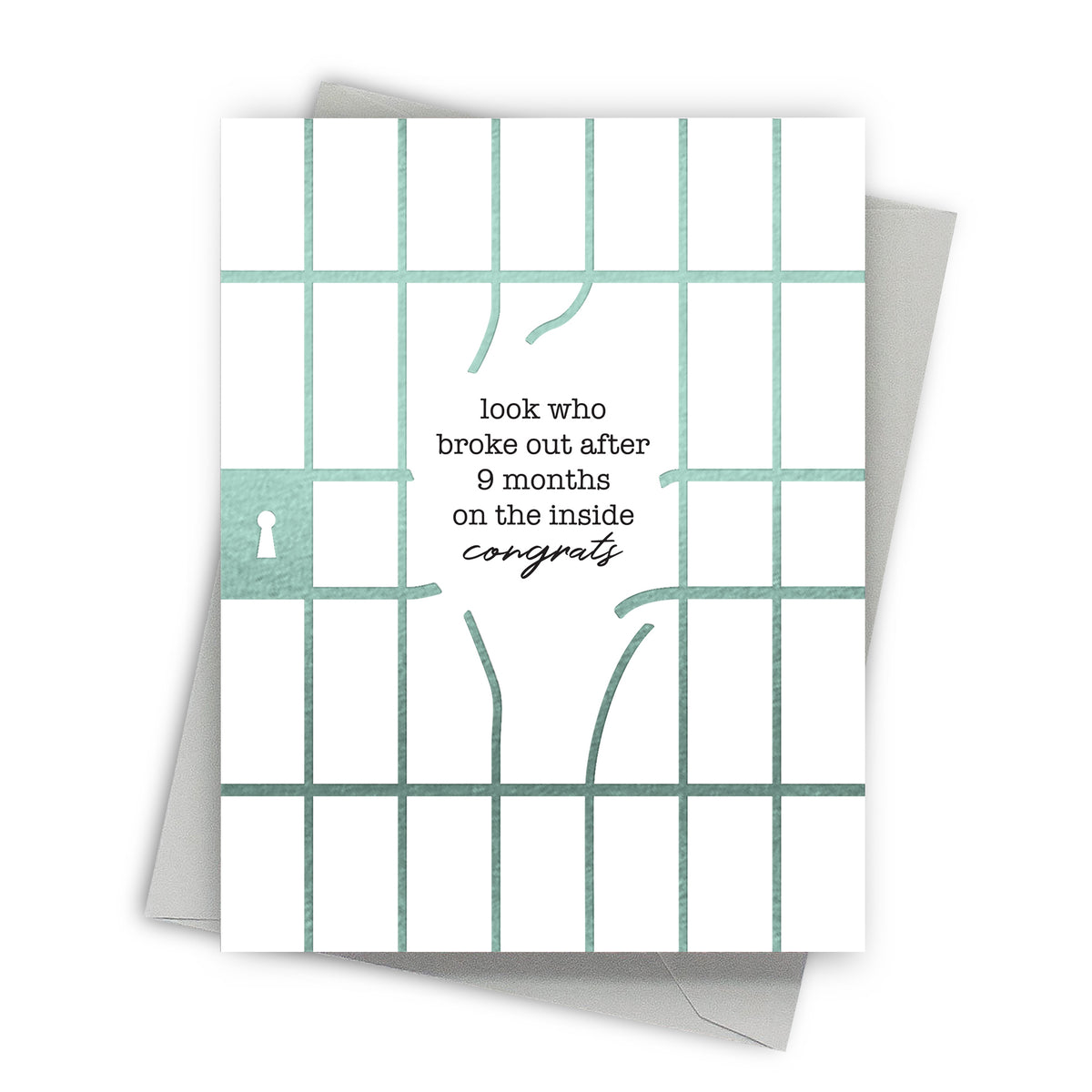 Baby card with text and grid design on a white background