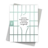 Baby card with text and grid design on a white background
