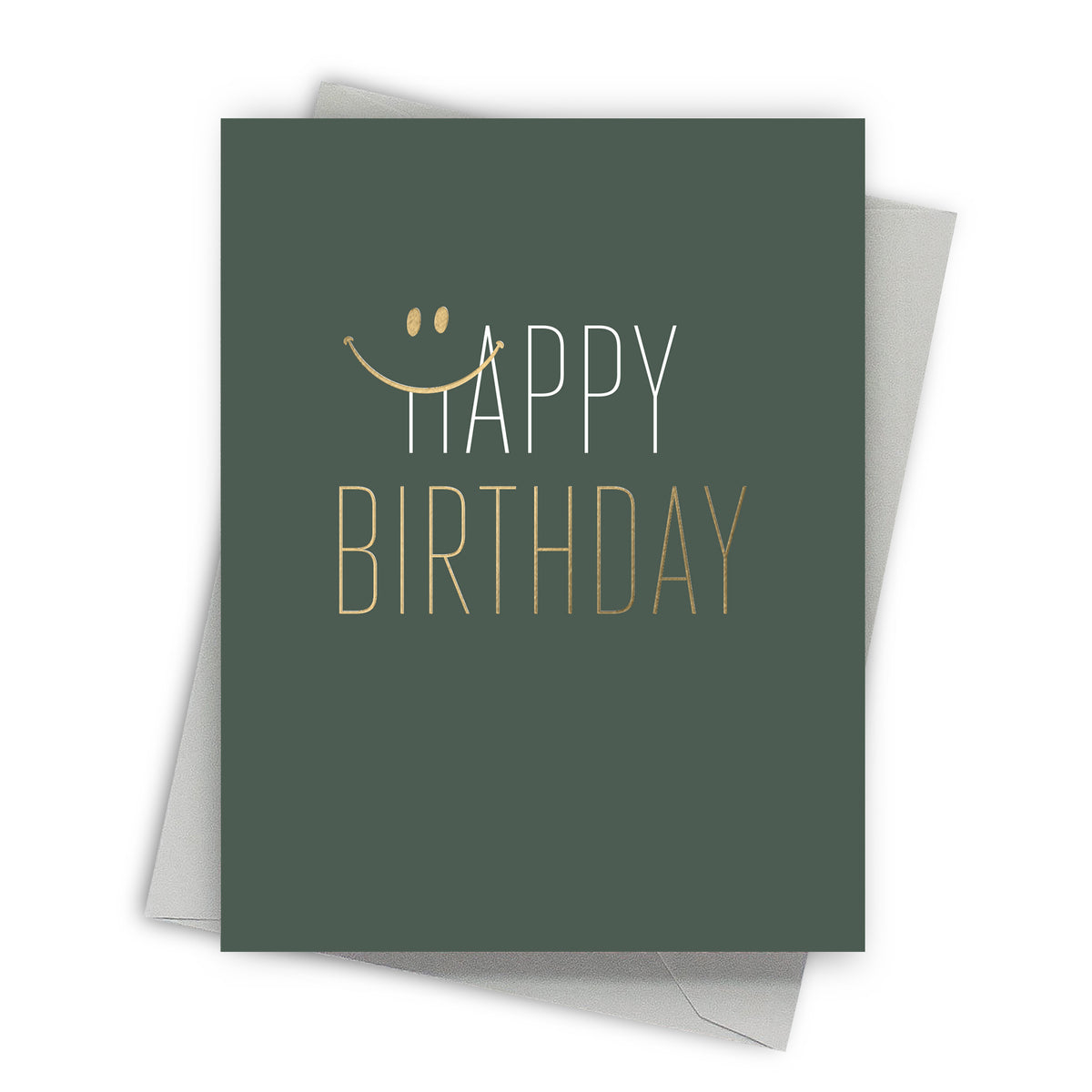 Green birthday card with 'Happy Birthday' text and smiley face on a white background