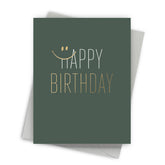 Green birthday card with 'Happy Birthday' text and smiley face on a white background