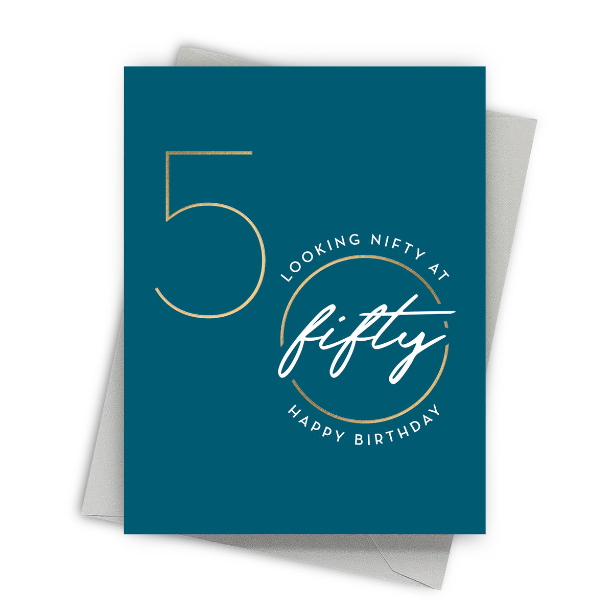 Blue birthday card with gold and white text on a white background