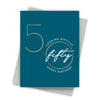 Blue birthday card with gold and white text on a white background