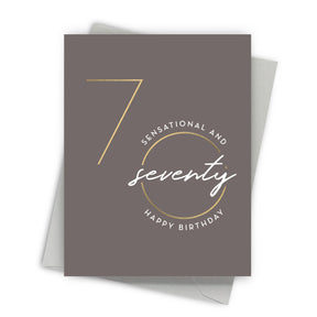 Greeting card with '7 sensational and seventy happy birthday' text on a gray background