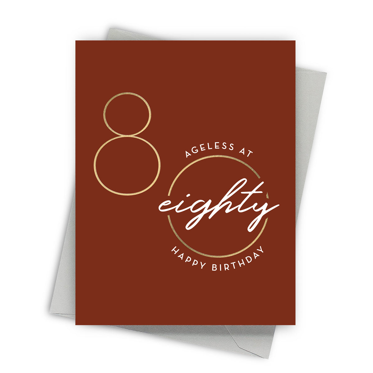 Birthday card with 'Ageless at Eighty' design on a brown background