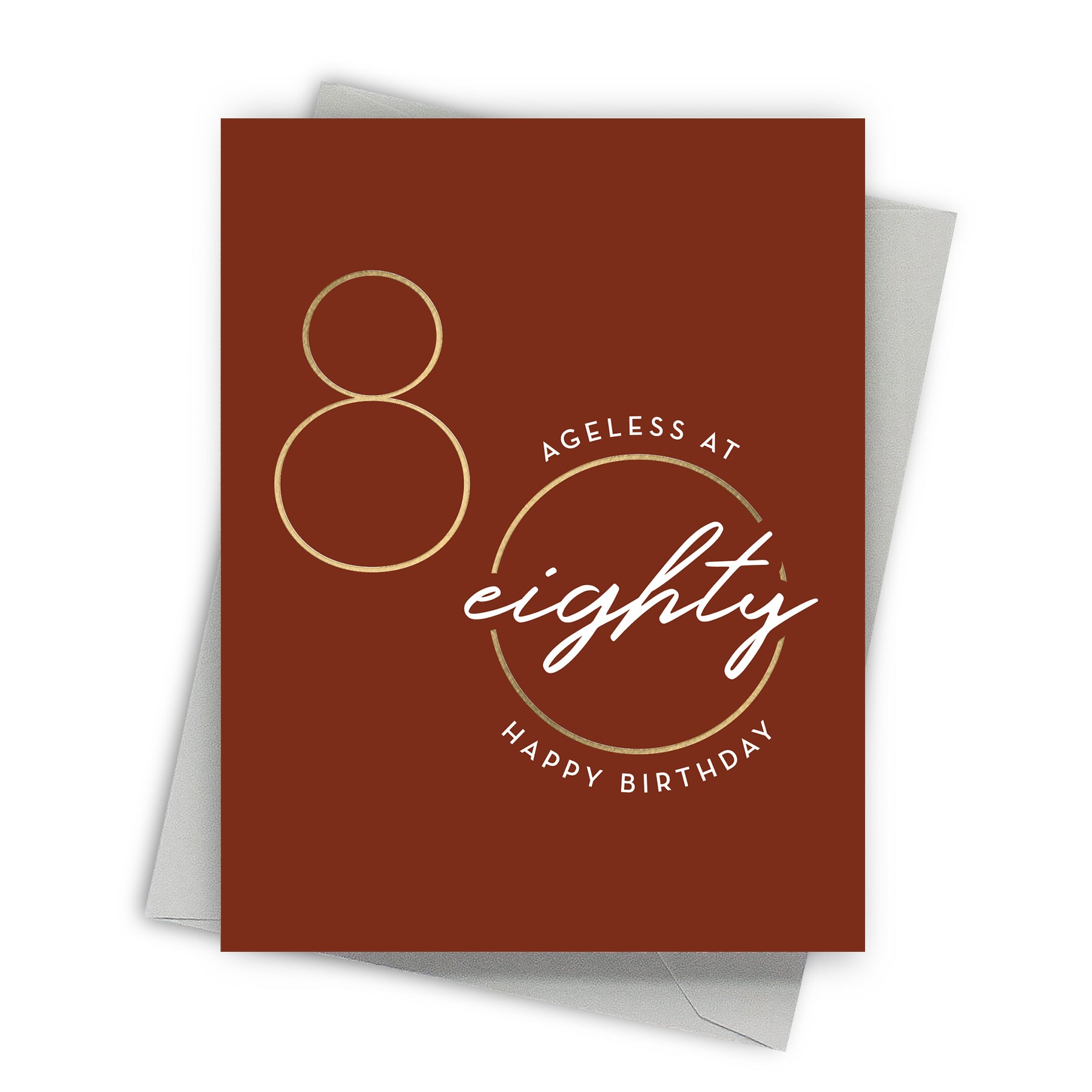 Birthday card with 'Ageless at Eighty' design on a brown background