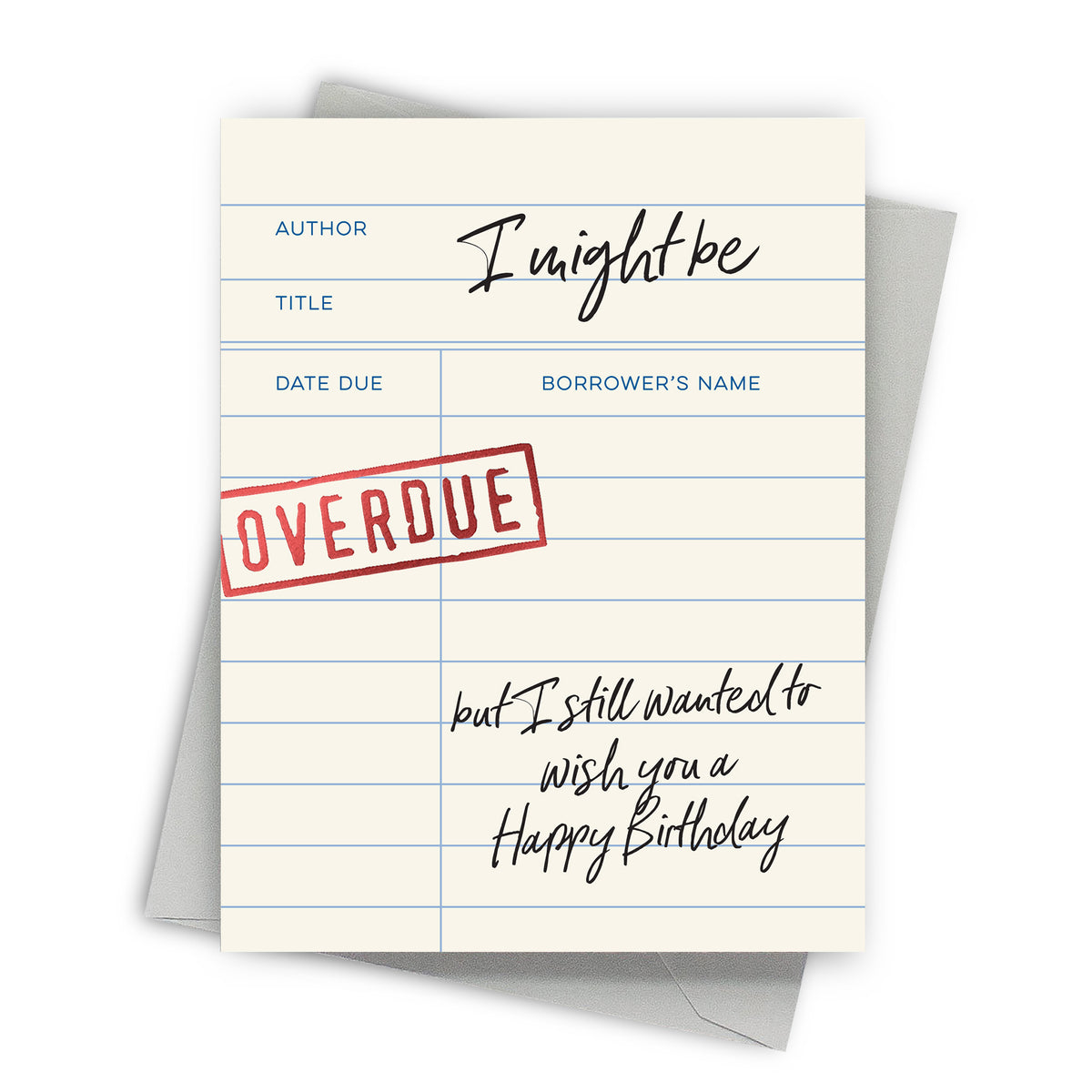 Birthday card with a book overdue design on a white background
