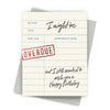 Birthday card with a book overdue design on a white background
