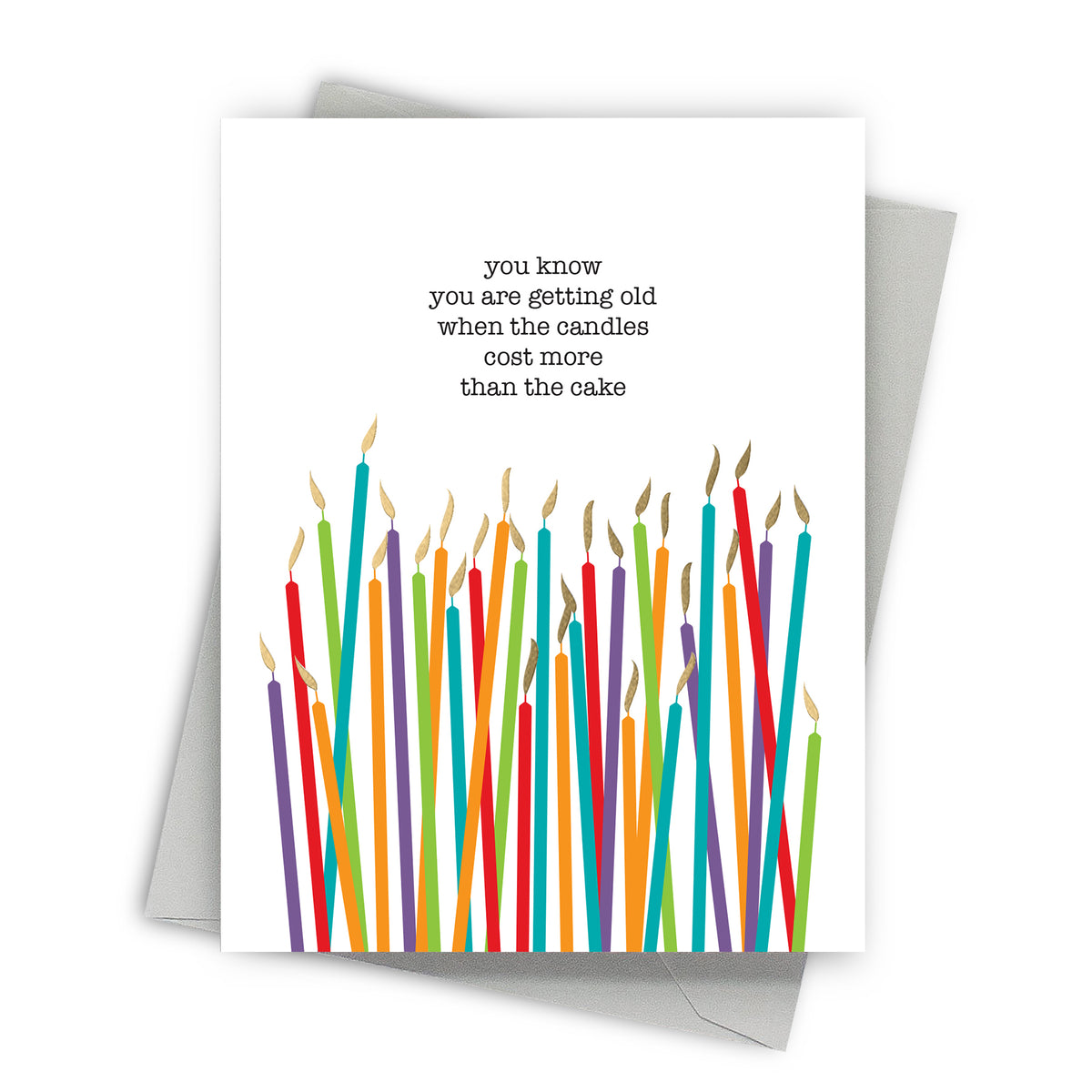 Greeting card with colorful candles and humorous text on a white background