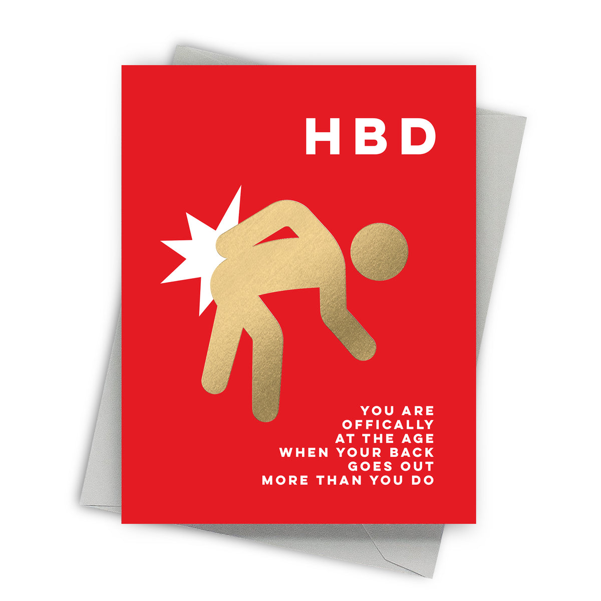 Red card with gold silhouette and white text on a white background