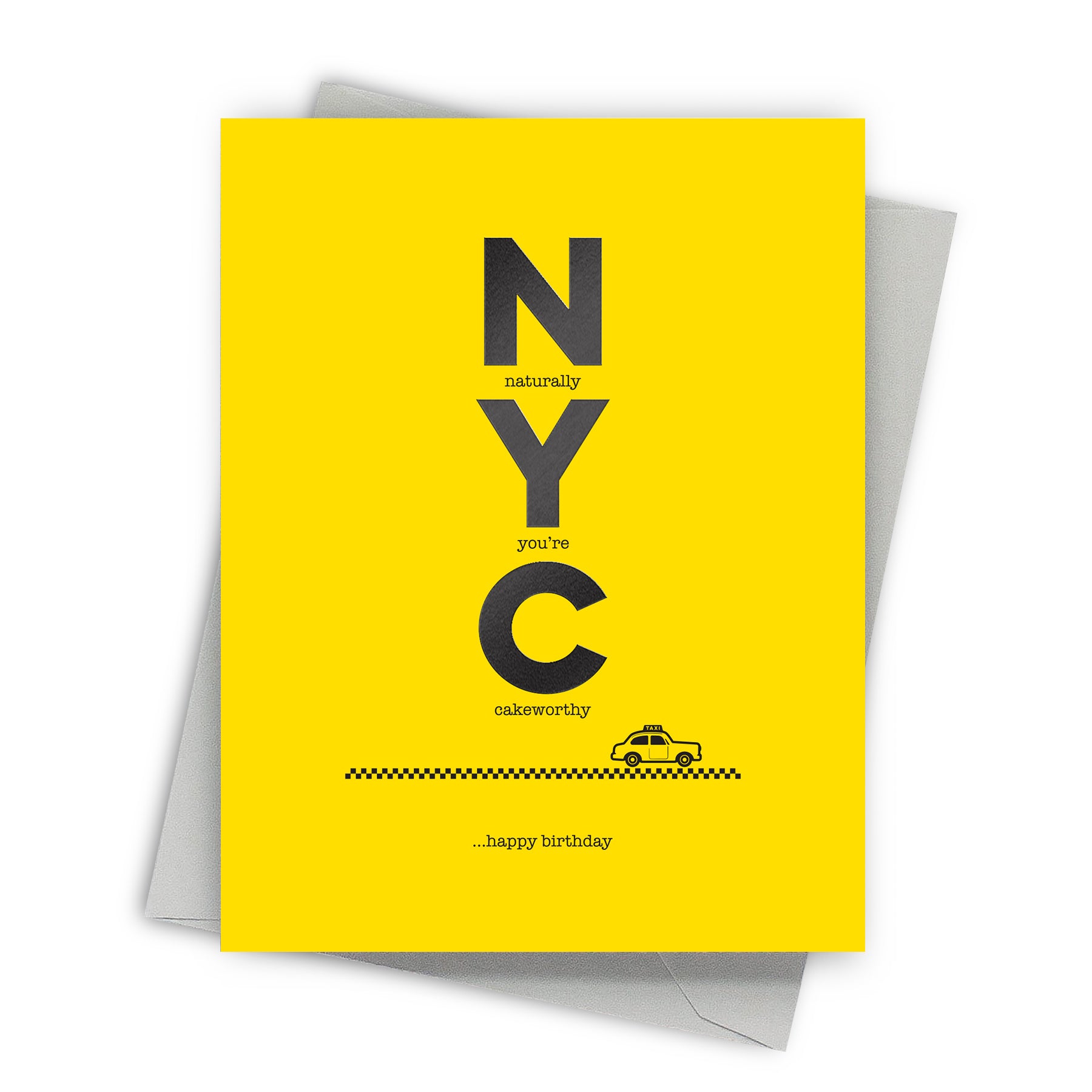 Yellow card with black text and a taxi icon, featuring 'N Y C' and 'happy birthday' on a white background.