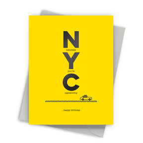 Yellow card with black text and a taxi icon, featuring 'N Y C' and 'happy birthday' on a white background.