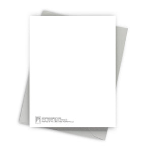White greeting card with a small logo and text on a white background