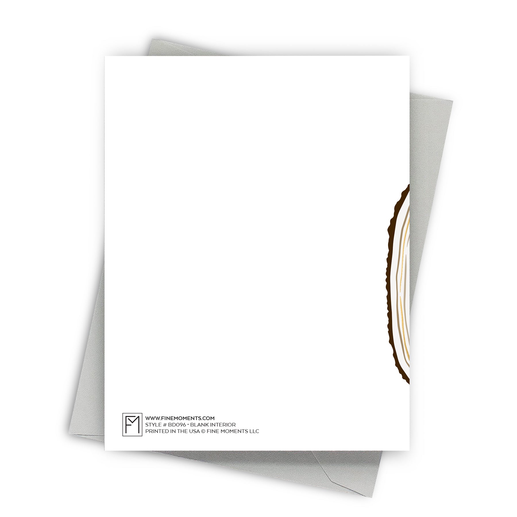 Back of greeting card with a brown tree ring design on a white background