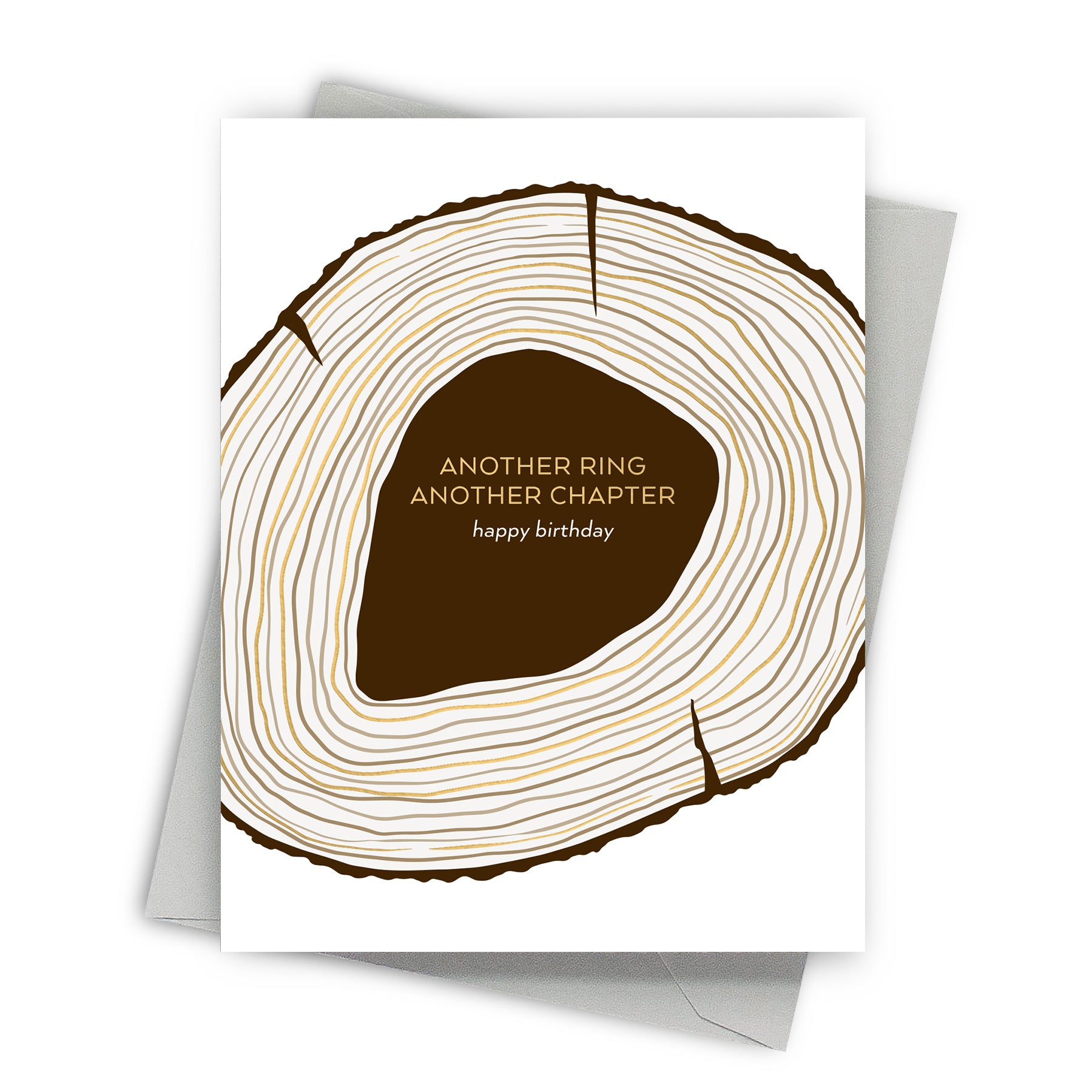 Greeting card with tree ring design and text on a white background