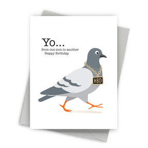 Greeting card with a pigeon illustration and birthday message on a white background
