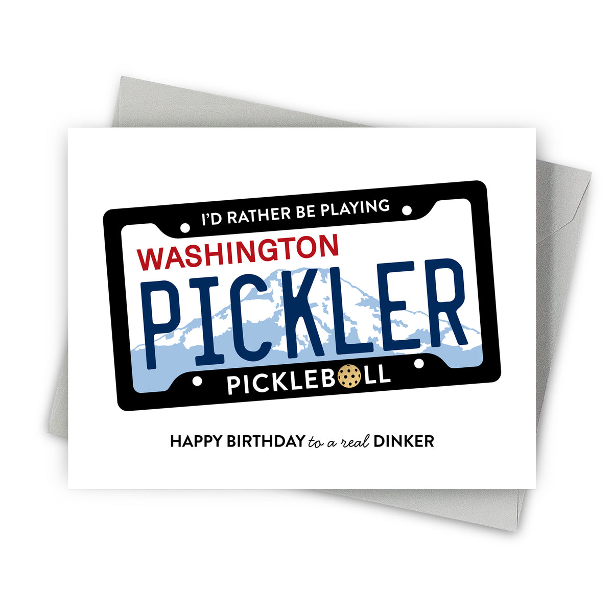 Greeting card with a license plate design featuring 'Washington Pickler' and humorous text.