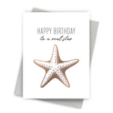 Greeting card with a starfish illustration and text 'Happy Birthday to a real star' on a white background.
