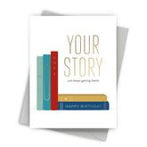 Greeting card with books design and 'Your Story' text on a white background
