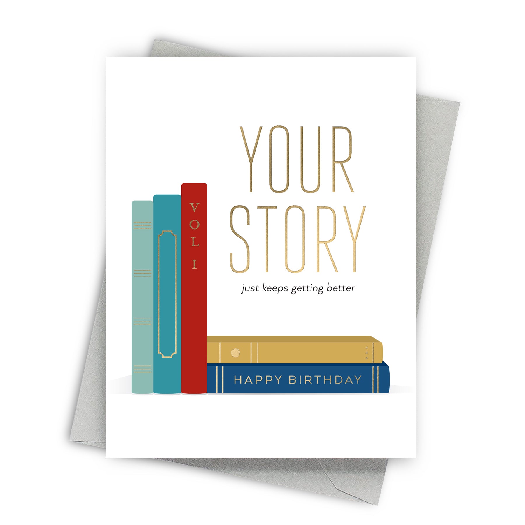 Greeting card with books design and 'Your Story' text on a white background