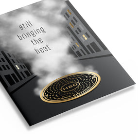 Three quarter view of urban themed birthday card that reads "still bringing the heat – Happy Birthday"