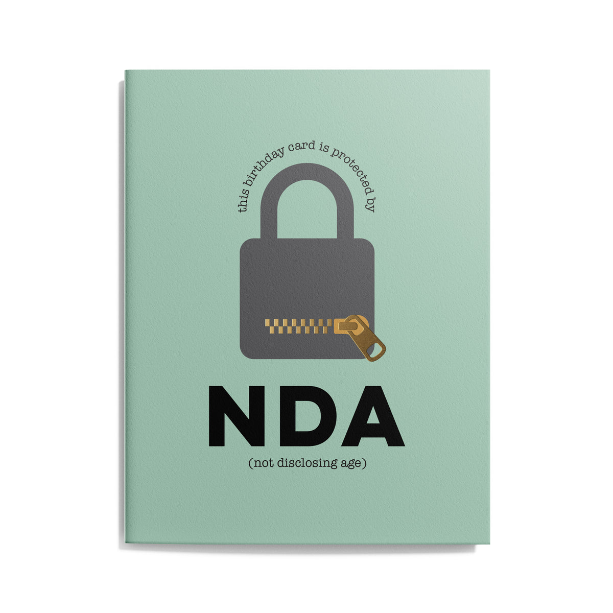 Green birthday card featuring a padlock with a message that reads "the birthday card is protected by NDA – not disclosing age"