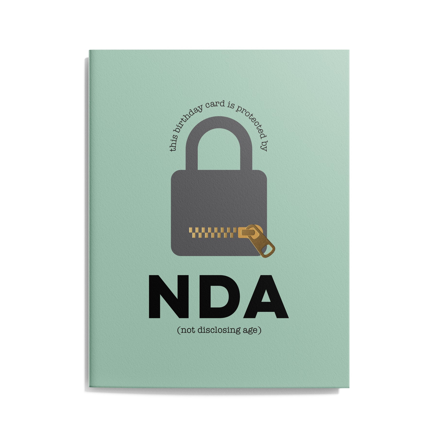 Green birthday card featuring a padlock with a message that reads "the birthday card is protected by NDA – not disclosing age"