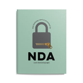 Green birthday card featuring a padlock with a message that reads "the birthday card is protected by NDA – not disclosing age"