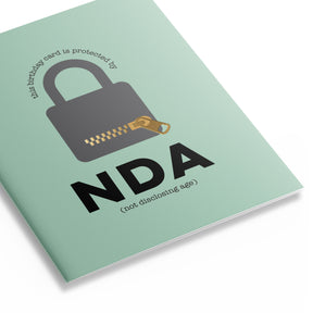 Three quarter perspective of green birthday card featuring a padlock with a message that reads "the birthday card is protected by NDA – not disclosing age"