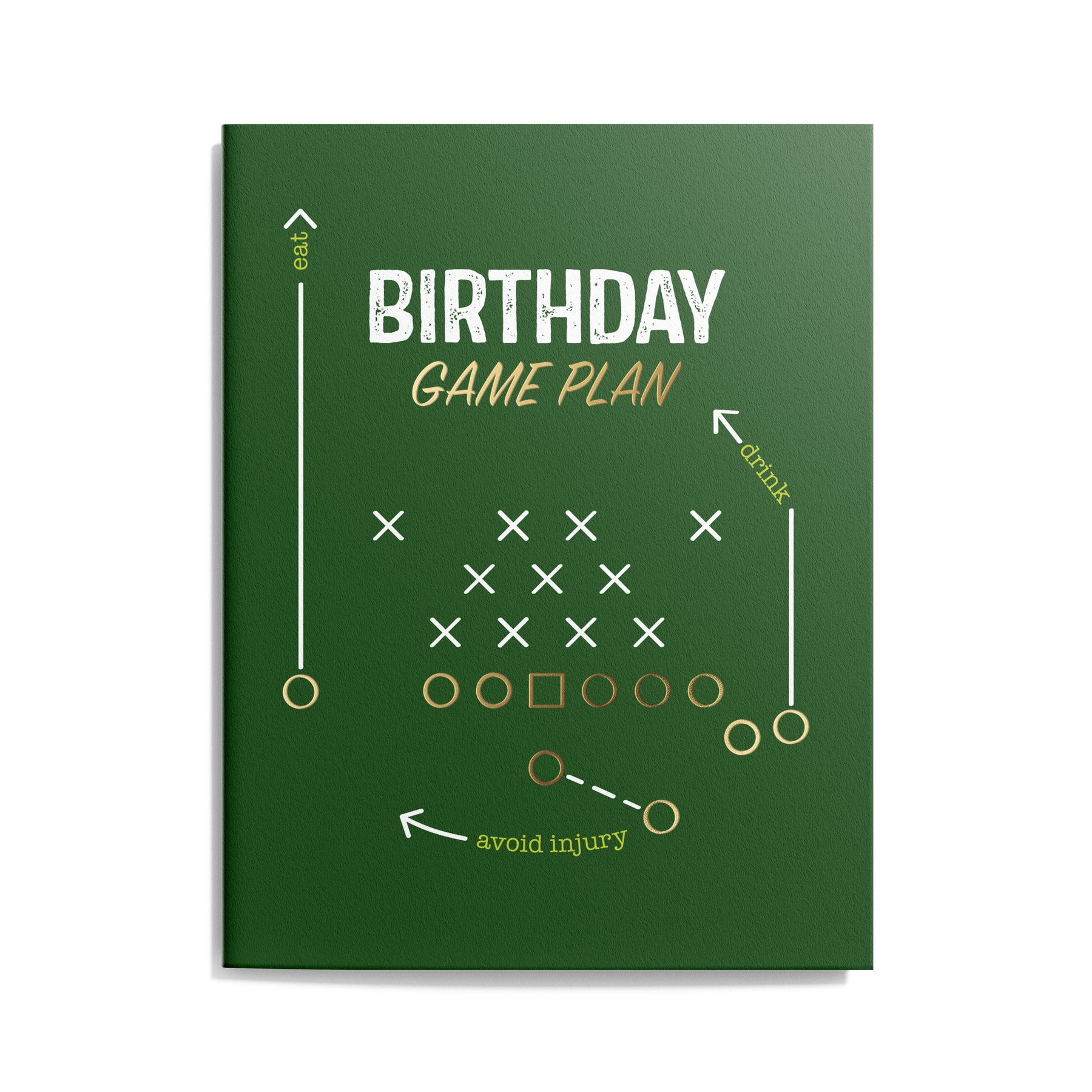 Green football birthday card with gold and white playbook symbols and the words “Birthday Game Plan,” “eat,” “drink,” and “avoid injury.”