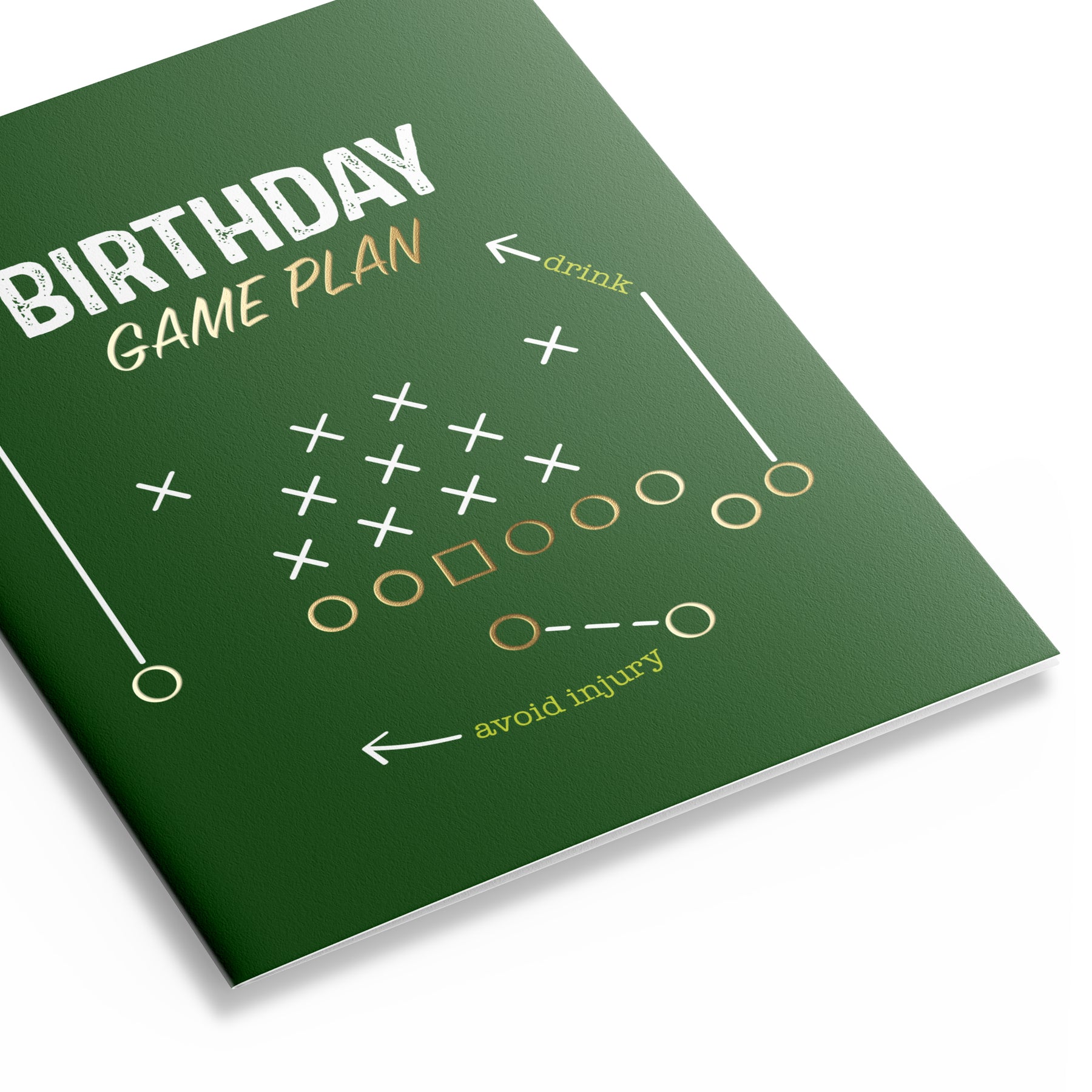 Angled close-up of a green football birthday card with gold and white playbook symbols and the words “Birthday Game Plan,” “drink,” and “avoid injury.”