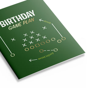 Angled close-up of a green football birthday card with gold and white playbook symbols and the words “Birthday Game Plan,” “drink,” and “avoid injury.”