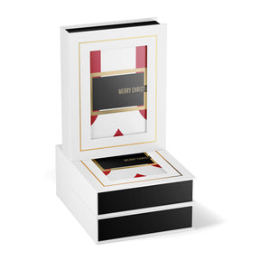 Santa inspired holiday card inside box with clear window