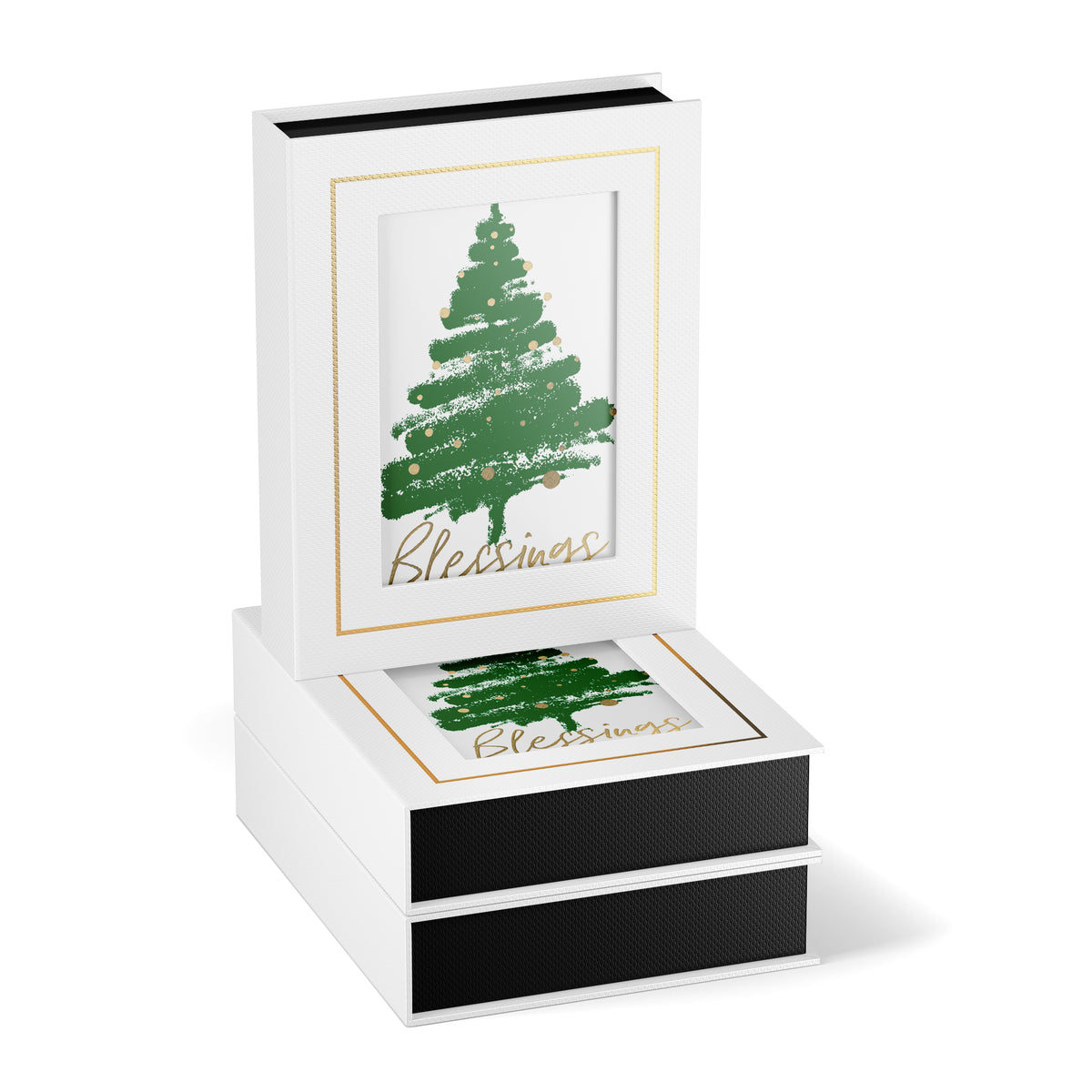 Decorative box with Christmas tree card design and 'Blessings' text on a white background