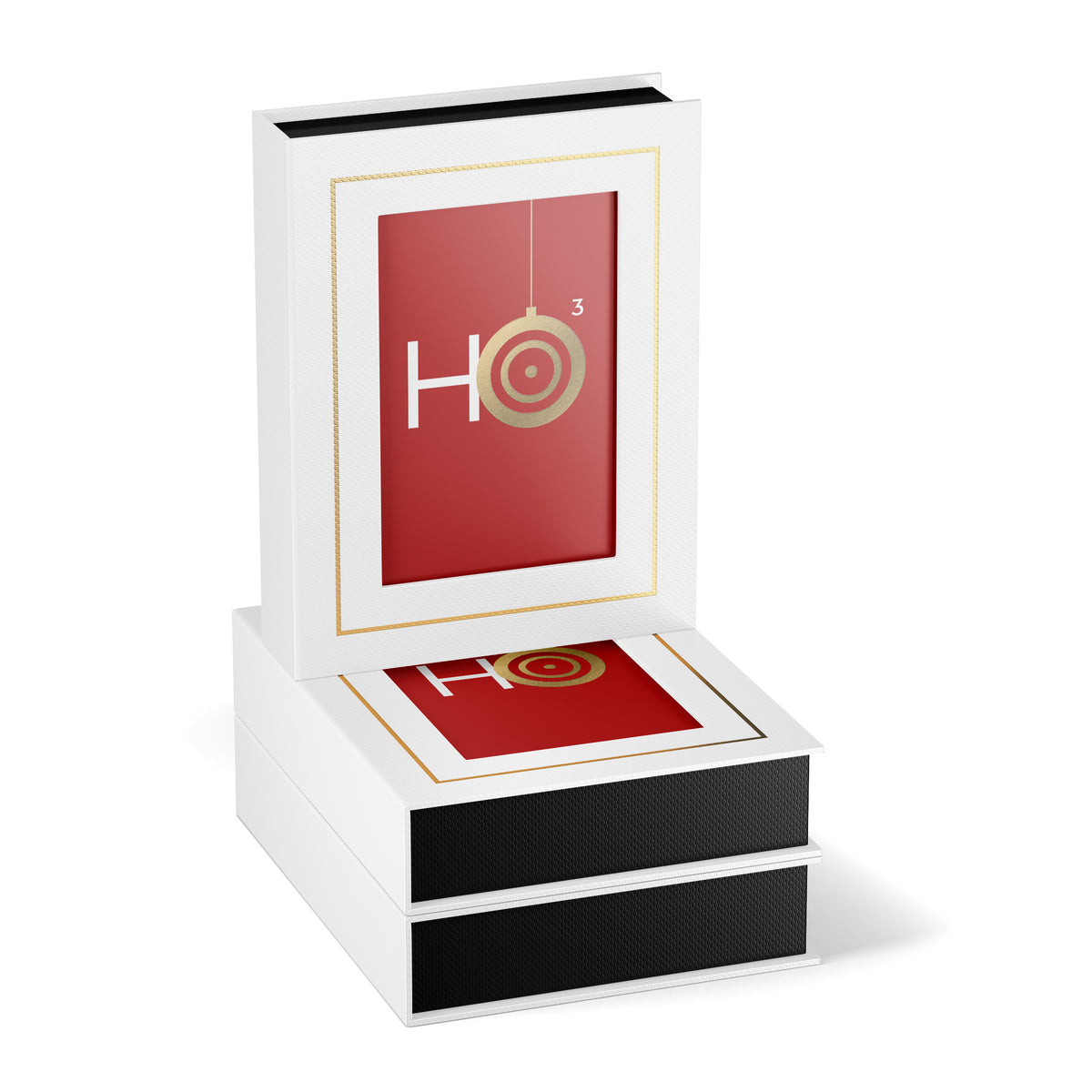 White box of greeting cards with red colored cards inside that HO to the power of 3.