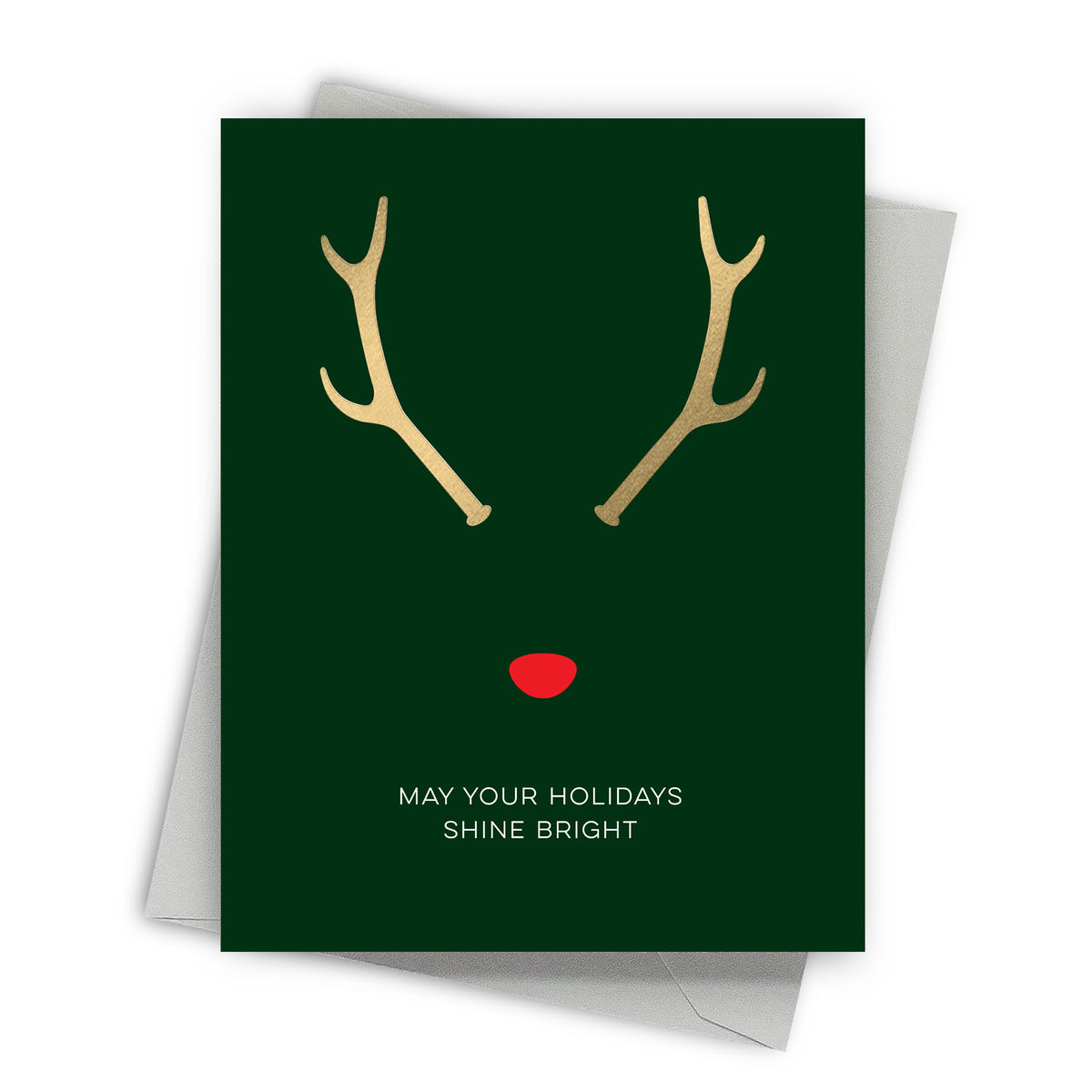Greeting card with gold antlers and red nose on a green background, featuring the text 'May your holidays shine bright'.