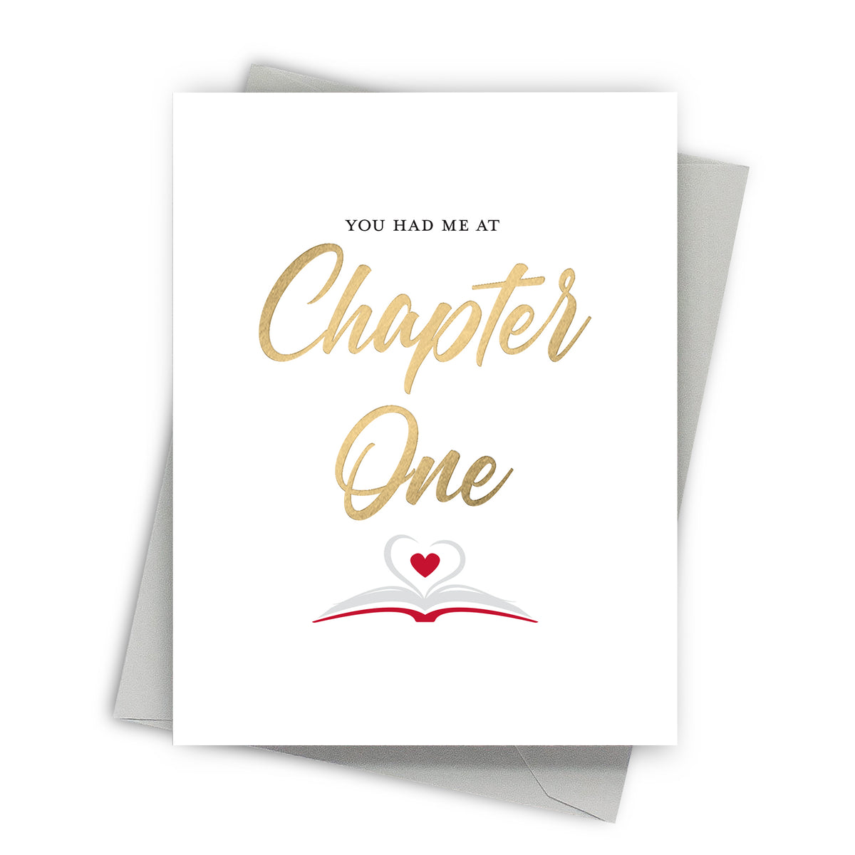 Greeting card with 'You Had Me at Chapter One' text and a heart on a white background