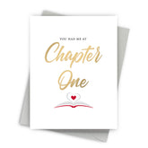 Greeting card with 'You Had Me at Chapter One' text and a heart on a white background