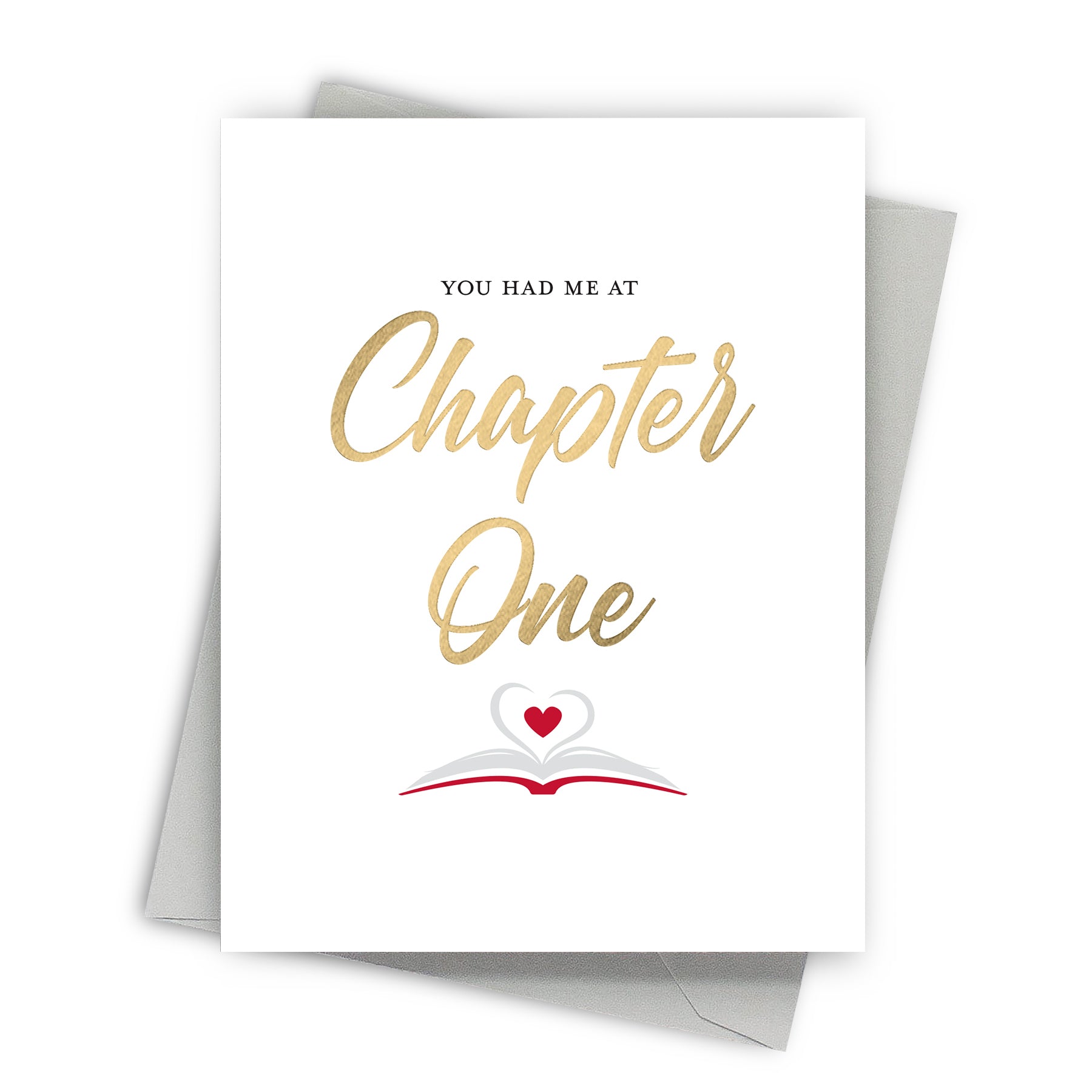 Greeting card with 'You Had Me at Chapter One' text and a heart on a white background