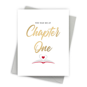 Greeting card with 'You Had Me at Chapter One' text and a heart on a white background