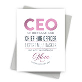 Greeting card with text celebrating a mother's role, featuring pink and black text on a white background.