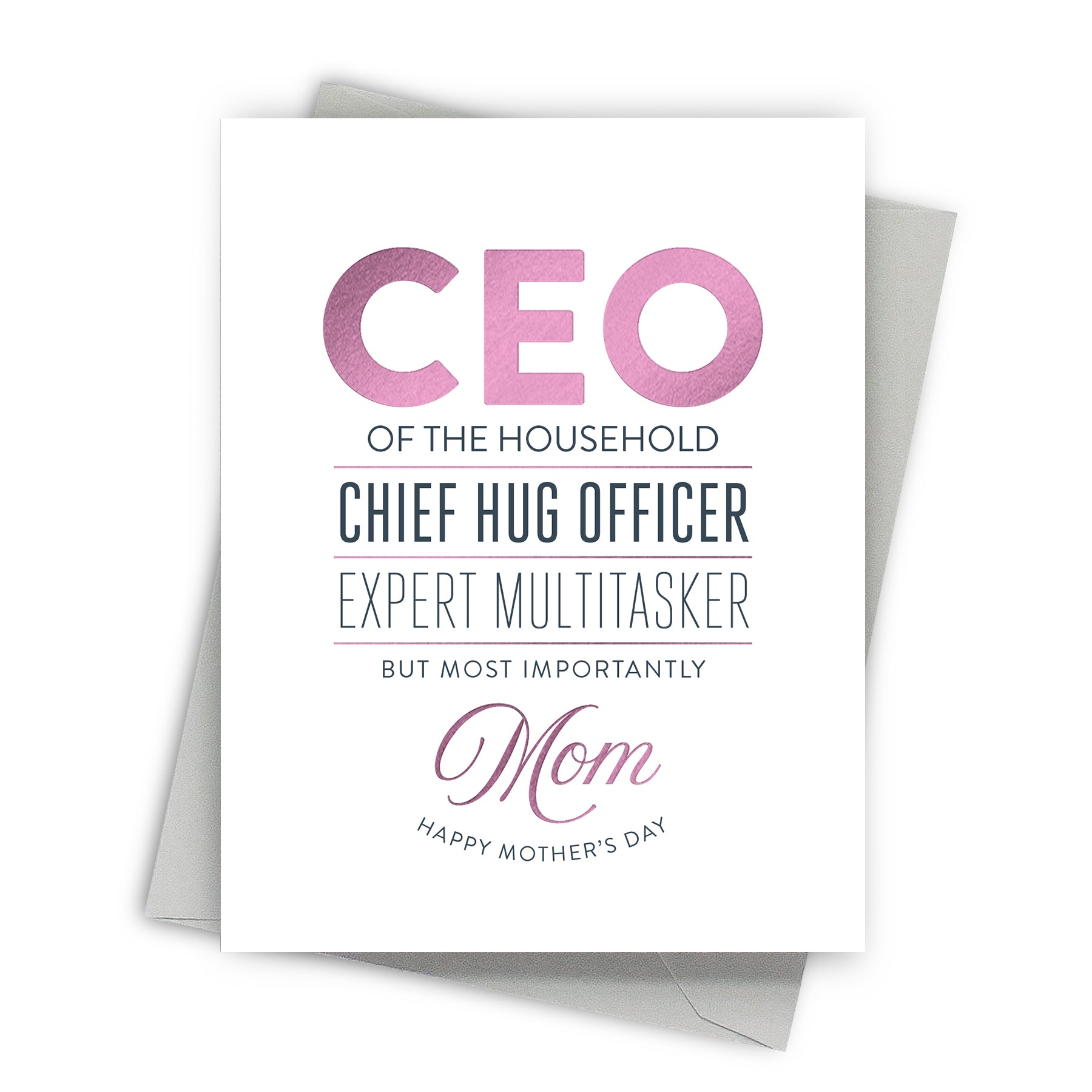 Greeting card with text celebrating a mother's role, featuring pink and black text on a white background.