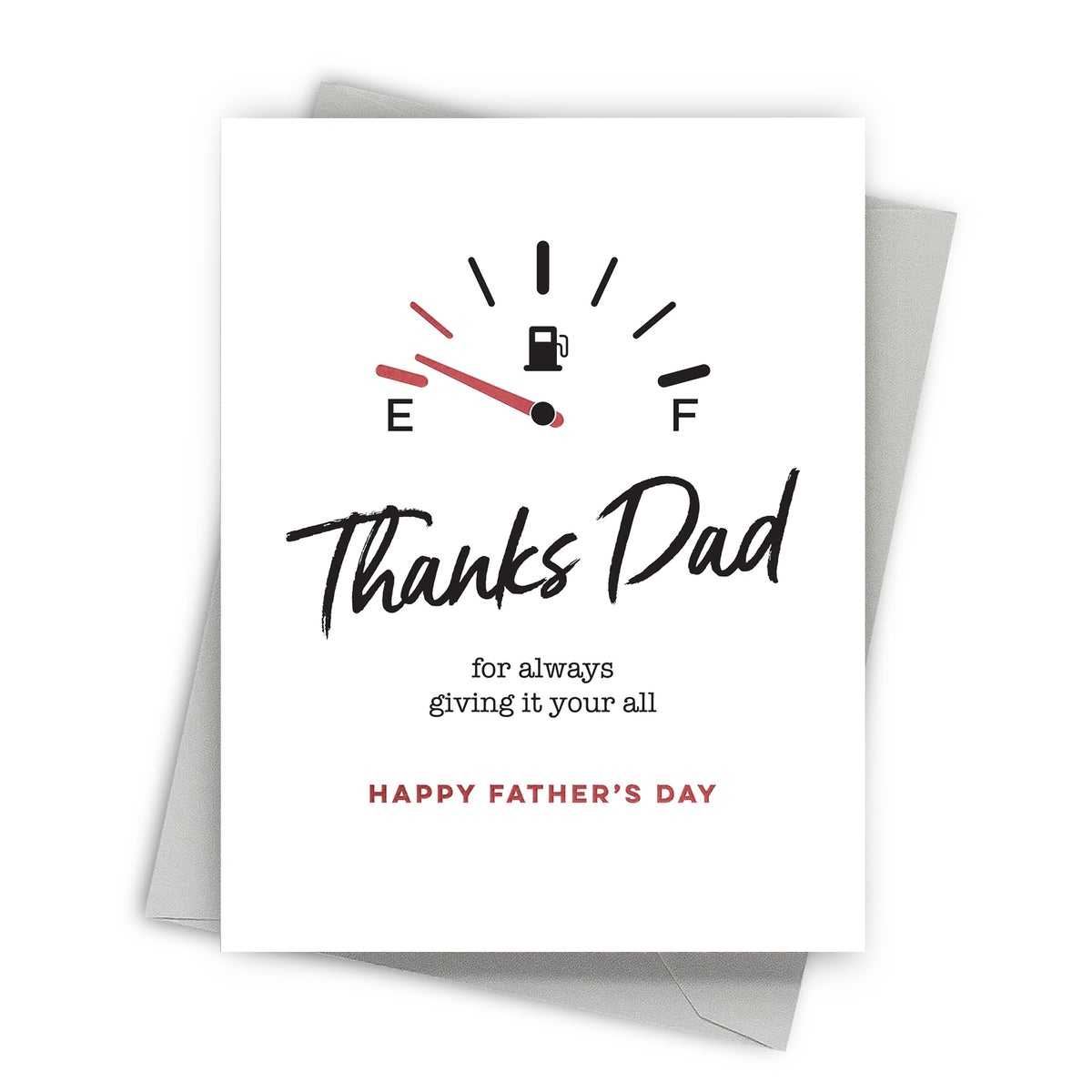 Father's Day card with fuel gauge design and 'Thanks Dad' text on a white background
