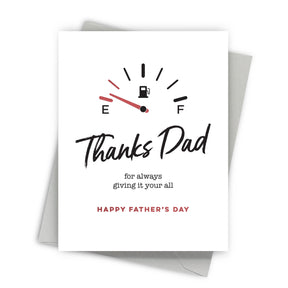 Father's Day card with fuel gauge design and 'Thanks Dad' text on a white background